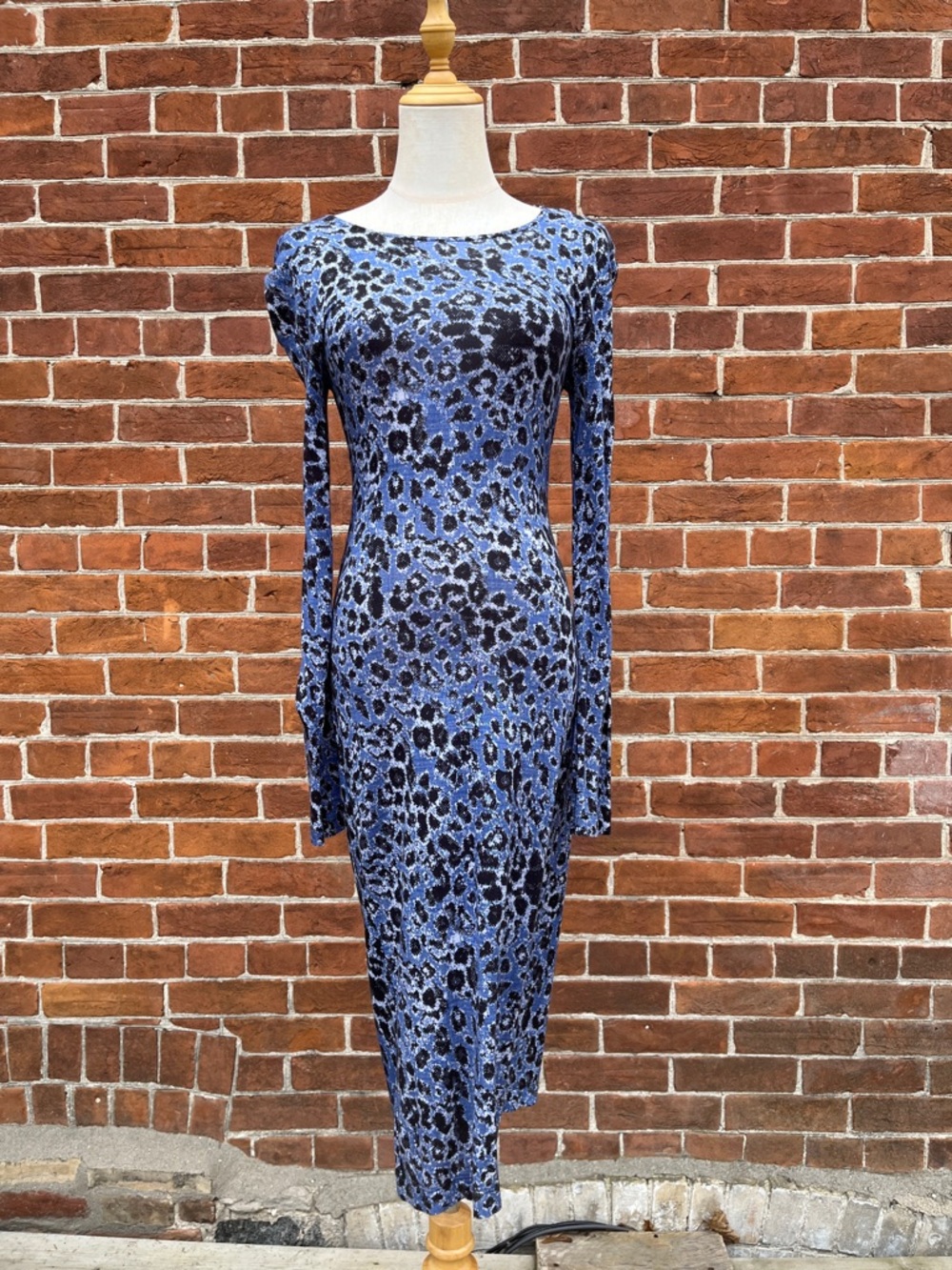 Derek Lam Blue and Black Leopard-Print Long Sleeve Midi Dress